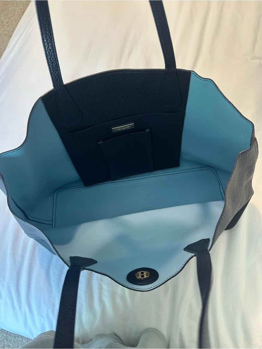 Tory Burch Navy Pebbled Leather McGraw Tote with Gold Logo